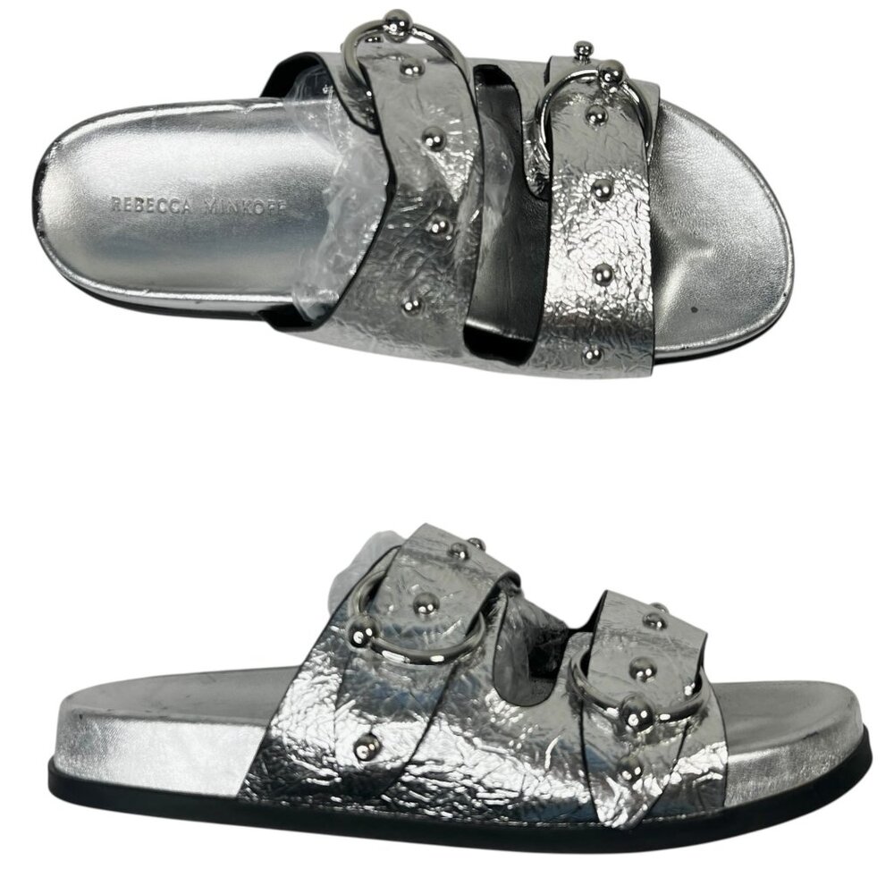Rebecca Minkoff Vachel Metallic Buckled Slides In Silver Sandals 9 - Picture 2 of 15